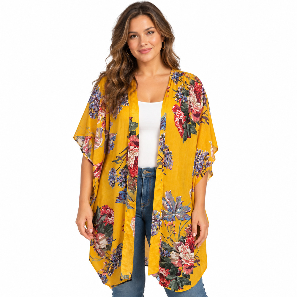 Umgee USA Yellow Satin Floral Open Kimono Dolman Sleeve Jacket Boho sz M / L